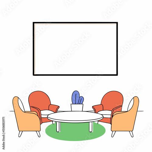 modern interior design featuring cozy seating arrangement with four chairs around circular table, complemented by large empty