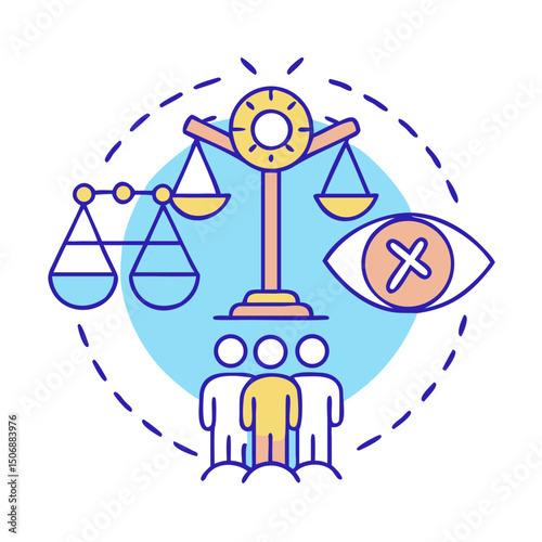 Vector illustration depicting injustice with scales, eye and people