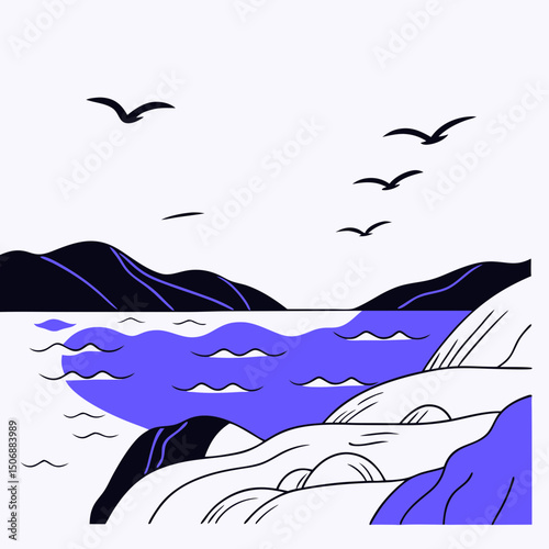 serene rocky beach with waves and birds flying above, capturing beauty of nature