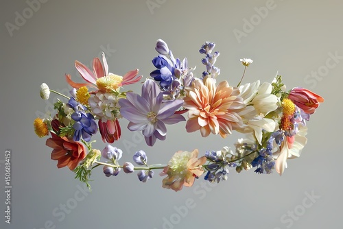 A vibrant summer flower crown a delicate arrangement of dahlias delphiniums and other blossoms showcasing soft natural