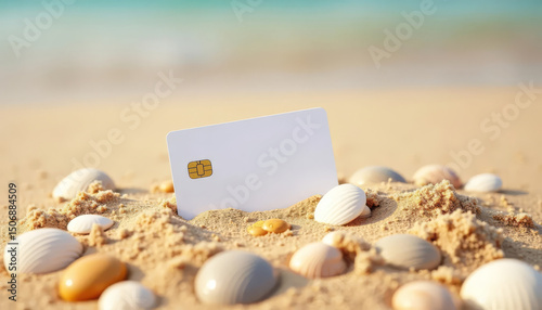 Credit card in beach sand with seashells. Summer spending, vacation costs, and travel budgeting. photo