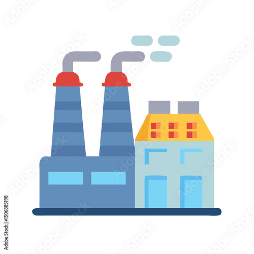 Illustration of a factory with smokestacks and adjacent building