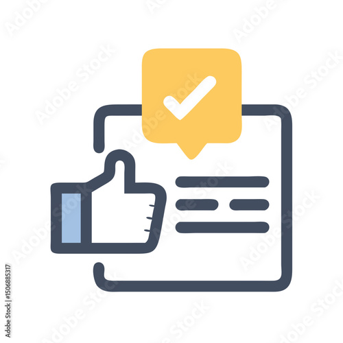Document with checkmark and thumbs up icon flat illustration
