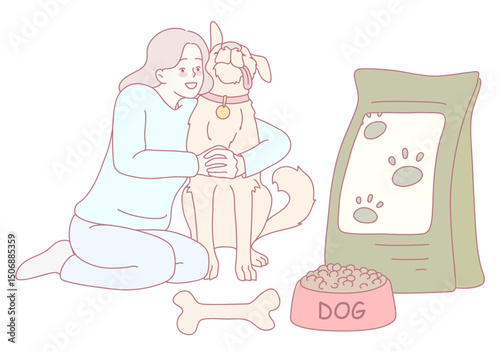 A heartwarming moment between a woman and her dog, highlighting the pet food and supplies they enjoy together