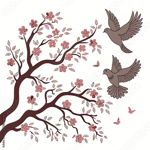 Elegant 3D mural featuring flowered branches and a sequence of flying pigeons, perfect for framed wall art to enhance any interior space.