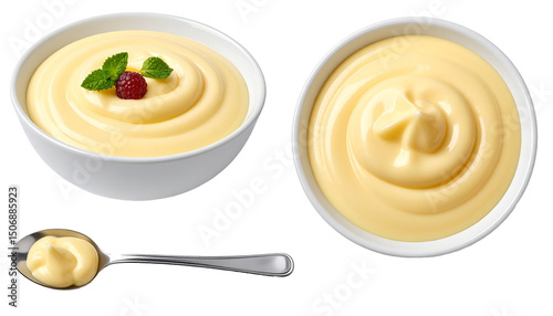 Vanilla pudding with raspberry and mint in white bowl with spoon on transparent background