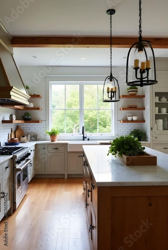 A bright and airy modern farmhouse kitchen featuring a central wooden island with a white marble countertop and fresh herbs, complemented by light-toned cabinetry, openmodern kitchen interior