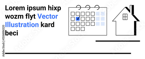 Calendar with marked date next to a minimalist house graphic and placeholder text. Ideal for scheduling, planning, real estate, appointments, time management, reminders, simple landing page
