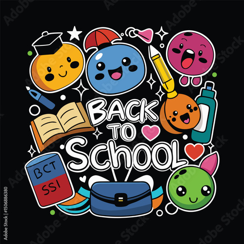 A vibrant "Back to School" graphic with cute, anthropomorphic school supplies. T-shirt design