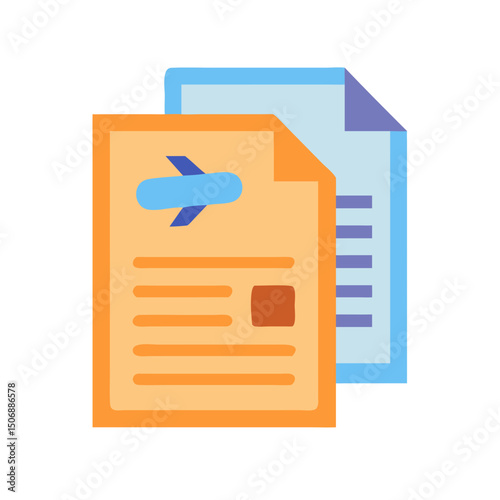 Documents depicting travel details with airplane design and text