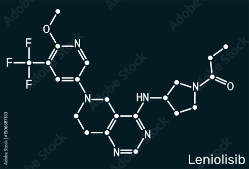 Leniolisib molecule. PI3K delta inhibitor used for treatment of APDS immunodeficiency. Dark blue background. Vector illustration