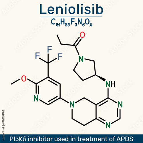 Leniolisib molecule. PI3K delta inhibitor used for treatment of APDS immunodeficiency.