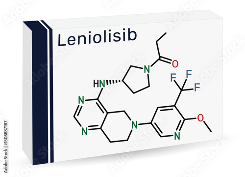 Leniolisib molecule. PI3K delta inhibitor used for treatment of APDS immunodeficiency. Skeletal chemical formula. Paper packaging for drugs