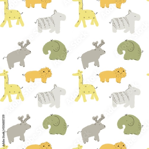 Cute seamless pattern and asset of wild animals. Hand drawn of zebra, giraffe , lion, elephant, and deer. Ready to print for book cover, fabric, or wrapping paper.