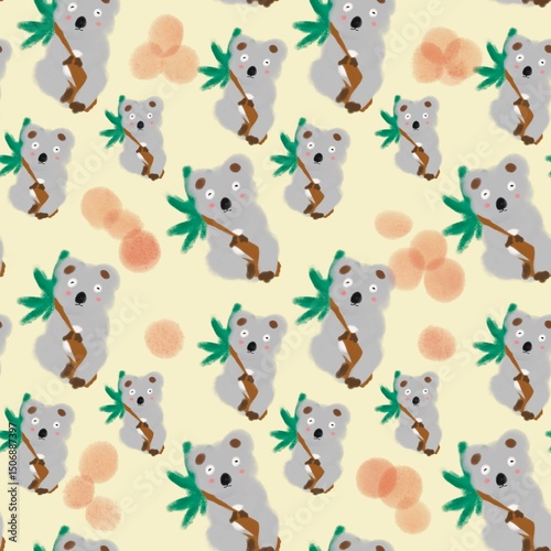 seamless pattern with cute koala.hanging in the branch. Hand drawn ready for print.