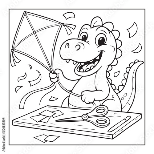 Cartoon Dinosaur Making a Kite Black and White Coloring Page for Creative Kids' Craft Fun