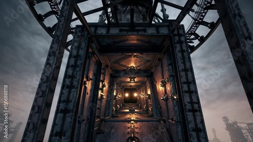 Aerial ascent inside tower revealing dramatic industrial architecture under moody skies