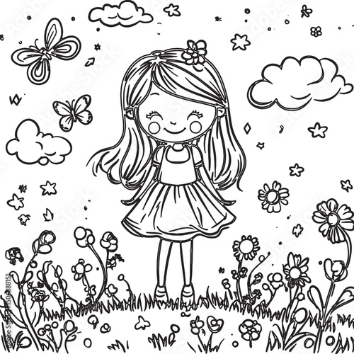hand drawn vector girl little doodles coloring book for kids