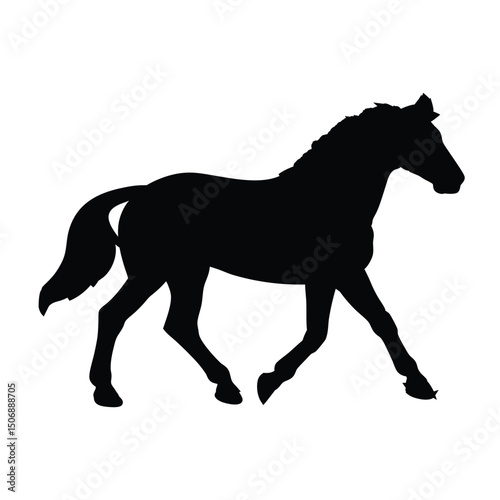 A striking silhouette of a graceful horse trotting smoothly across a plain white background, perfect for graphic design, logo creation, equestrian themes, and illustrations, with a clean and modern ae