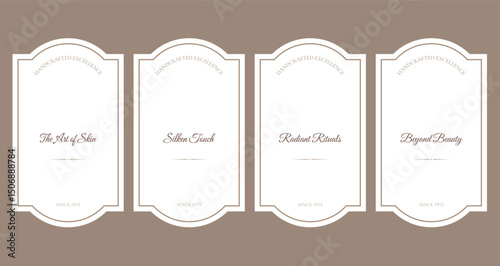 Isolated Set of white elegant Labels in minimalistic style with text. Good for cosmetics, perfumery, beauty and spa goods, home and decor items, wellness products