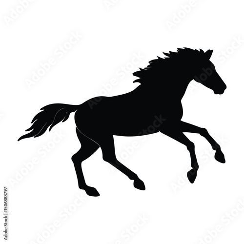 A dynamic black silhouette of a horse in motion, conveying power, freedom, and elegance; ideal for equestrian themes, logo designs, and various creative graphic projects; bold equine illustration perf