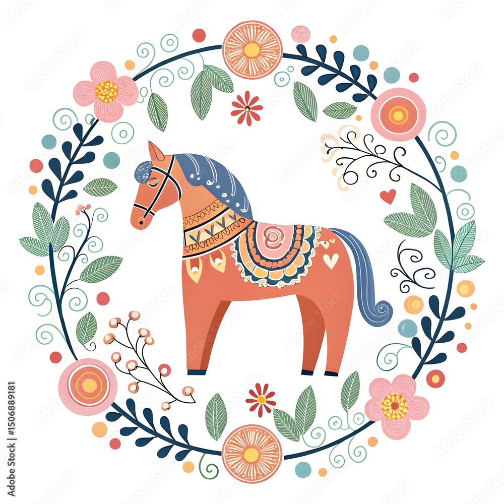 Fototapeta premium Dala Horse in Bloom – Springtime Folk Icon, dala horse art, nordic spring folk, scandinavian floral pattern, folk icon illustration, modern swedish design, awe, surreal, elegance, majestic, ethereal