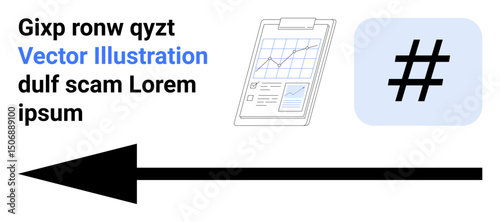 Black arrow pointing left, clipboard with analytical chart, and metadata tag in a blue square. Ideal for trends, analytics, guidance, marketing, social media, direction and a simple landing page