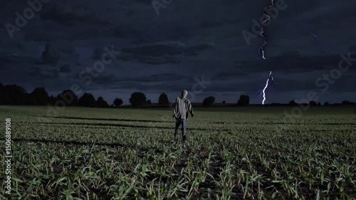 Lone figure witnesses intense lightning storm illuminating night sky over vast farmland