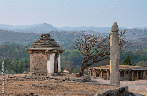 Sri Prasanna Anjaneya Gudi temple on Hemakuta hill, ruin in Hampi, South India, ancient Vijayanagara Empire, hindu culture and religion