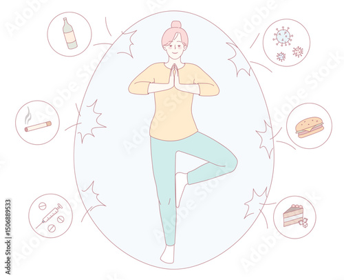 A woman practicing yoga, showing balance between health and thoughtful lifestyle choices in her journey