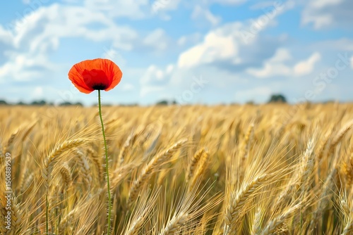 A vibrant red poppy stands tall in a golden wheat field under a bright summer sky showcasing nature s beauty with soft