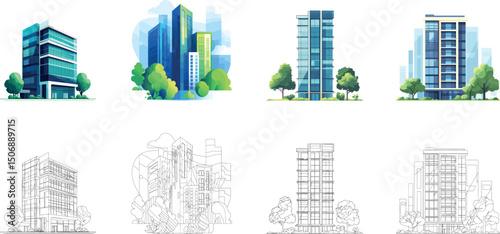 Modern buildings and skyscrapers in color and line art style