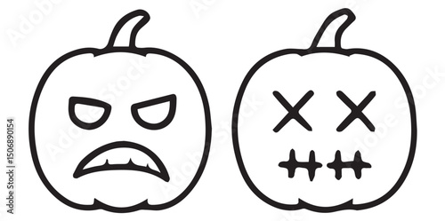Angry and Scary Pumpkin Faces – Halloween Jack-o'-Lantern Line Icons