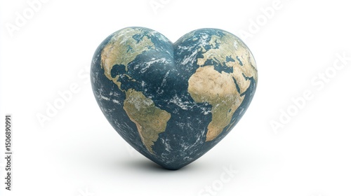 Heart-shaped Earth, 3D render, white background, environmental campaign (1)