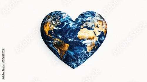 Heart-shaped Earth globe, white background, environmental love concept, poster design