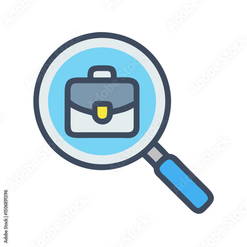 Magnifying glass icon focuses on a business briefcase