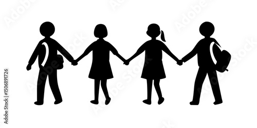 a sibling are going to school holding hands together vector silhouette.Children Walking to School Holding Hands.Simple black silhouettes of children walking to school, hand-in-hand.