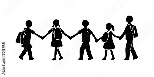 a sibling are going to school holding hands together vector silhouette.Children Walking to School Holding Hands.Simple black silhouettes of children walking to school, hand-in-hand.