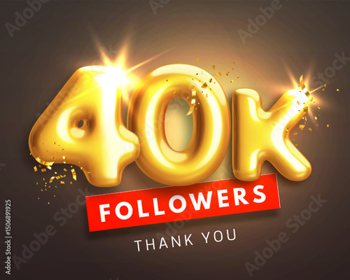 40000 followers celebration banner. Thank you 40k follower peoples. Glossy golden 3d numbers in realistic style on black background. Design for channel, group in social network. Vector illustration