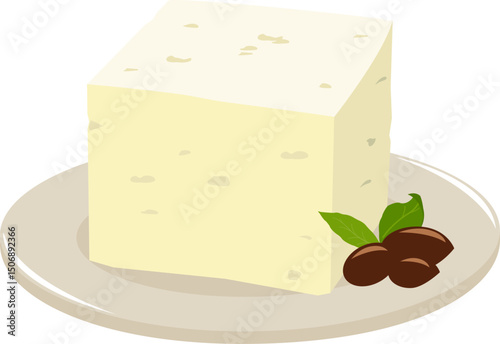 Feta cheese on a plate. Block of white Greek cheese with green basil or oregano leaf and black olives. Dairy product appetizer dish from Greece. Vector illustration