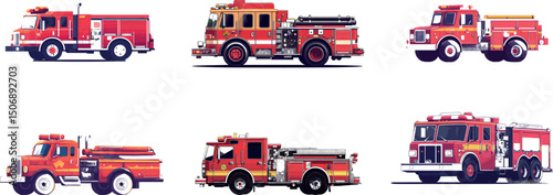 Fire trucks isolated on white background, emergency vehicles collection