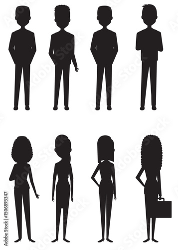 Business people silhouettes working, talking, standing, and walking on isolated white background.