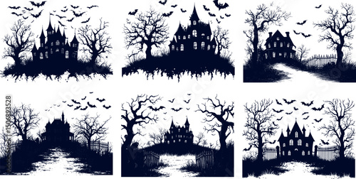 Haunted houses silhouettes with bats isolated on white background