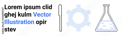 Test tube with liquid, gear icon, vertical bar, and placeholder text in a clean layout. Ideal for scientific research, technology, innovation, engineering, education data analysis simple landing