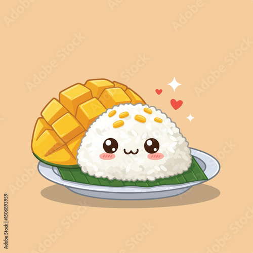 A cute cartoon of mango sticky rice smiles on a plate.