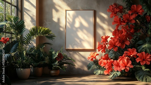 Bright Warmly Lit Indoor Space with Blank Frame Surrounded by Lush Green Plants and Vibrant Red Flowers

 photo