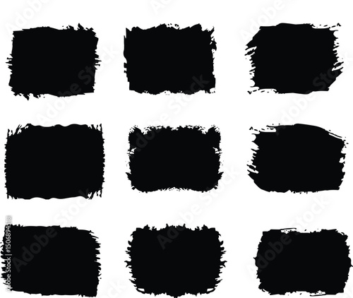 Set of vector paint brush stroke, ink splash and grungy decoration elements. Freehand grunge brush illustration. Black watercolor splatter, texture, box frame.