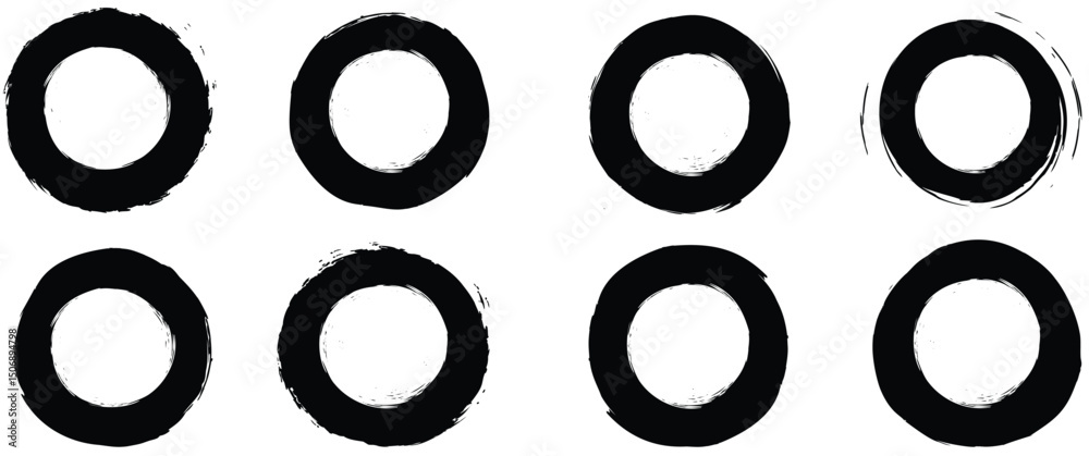 Grunge black Ink Circle Stamp Set, Textured Brush Round Designs. Grunge black Ink Circle Stamp Set, Textured Brush Round Designs.