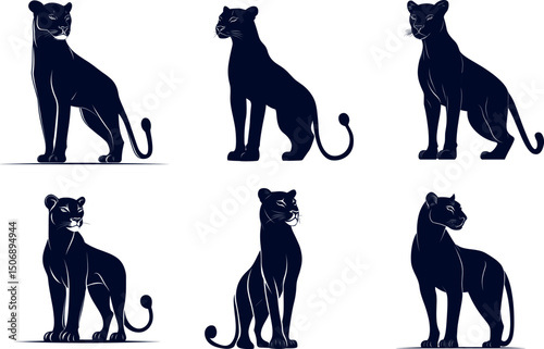 Panther silhouettes isolated on white background in various poses
