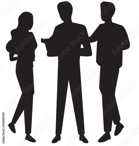 Business people silhouettes working, talking, standing, and walking on isolated white background.